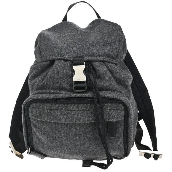 PRADA Logo Drawstring Backpack Bag Wool Leather Gray Black SHW Italy 86KB115 - Picture 1 of 16